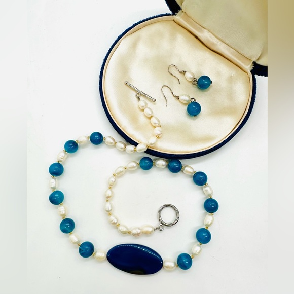 Vintage Pearl Blue Agate Necklace & Earrings - Picture 17 of 17